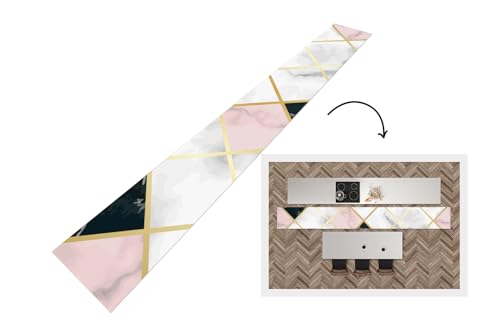 KitchenYeah© Läufer Küche 480x60 cm Küchenläufer Küchenmatte Waschbar rutschfest Kitchen Runner Antirutschmatten Matt Floor Waterproof Küchen Marmor - Geometrische Formen - Muster - Luxus von KitchenYeah