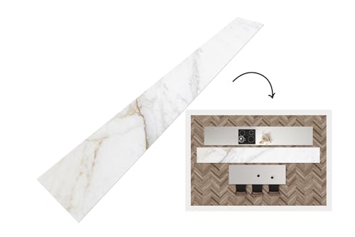 KitchenYeah© Läufer Küche 480x60 cm Küchenläufer Küchenmatte Waschbar rutschfest Kitchen Runner Antirutschmatten Matt Floor Waterproof Küchen Marmor - Stein - Weiß - Gold - Stein - Luxus von KitchenYeah