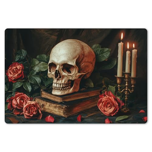 KitchenYeah© Platzsets Abwaschbar 6-Teilig 45x30 cm Tischsets Platzdeckchen Platzset Unterlage Tischset Esstisch Edle Tischunterlage Placemat Skelett - Kerzen - Rosen - Totenkopf - Bücher von KitchenYeah