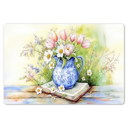 KitchenYeah© Platzsets Abwaschbar 6-Teilig 45x30 cm Tischsets Platzdeckchen Platzset Unterlage Tischset Esstisch Edle Tischunterlage Placemat Vase - Delfter Blau - Gänseblümchen von KitchenYeah