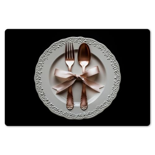 KitchenYeah© Platzsets Abwaschbar 6-Teilig 45x30 cm Tischsets Platzdeckchen rutschfeste Platzset Unterlage Tisch Set Esstisch Modern Placemats Rose - Schleife - Besteck von KitchenYeah