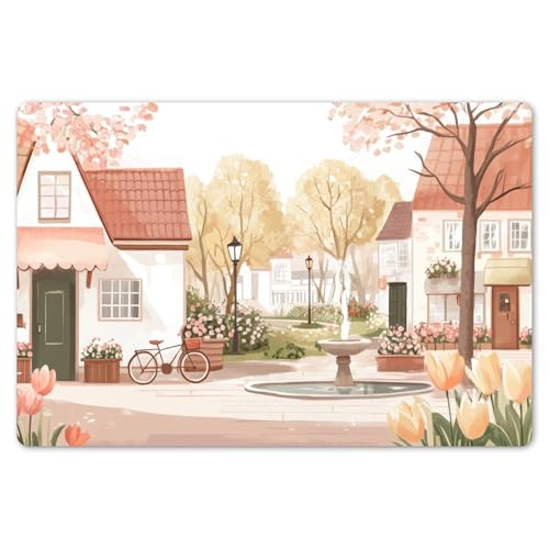 KitchenYeah© Platzsets Abwaschbar 6er Set 45x30 cm Tischsets Platzdecken Platzset Tischset Esstisch Tischuntersetzer Unterlagen rutschfest Dorfplatz - Springbrunnen - Tulpen von KitchenYeah