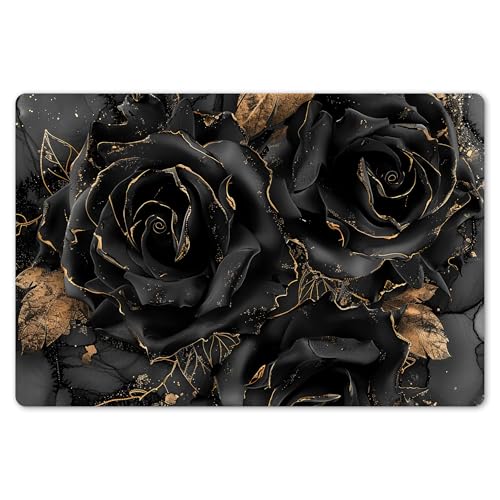 KitchenYeah© Platzsets Abwaschbar 6er Set 45x30 cm Tischsets Platzdecken Platzset Tischset Esstisch Tischuntersetzer Unterlagen rutschfest Rosen - Schwarz - Gold von KitchenYeah