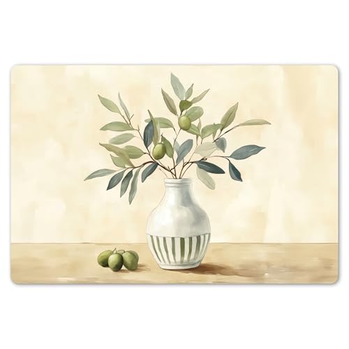 KitchenYeah© Platzsets Abwaschbar 6er Set 45x30 cm Tischsets Platzdecken Platzset Tischset Esstisch Tischuntersetzer Unterlagen rutschfest Vase - Keramik - Olivenzweige von KitchenYeah