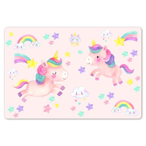 KitchenYeah© Platzsets Abwaschbare Placemats Set 6 45x30 cm Tischsets Platzdeckchen Platzset Tischset Esstisch Telleruntersetzer Waschbar Einhorn - Regenbogen - Rosa - Mädchen - Kinder von KitchenYeah