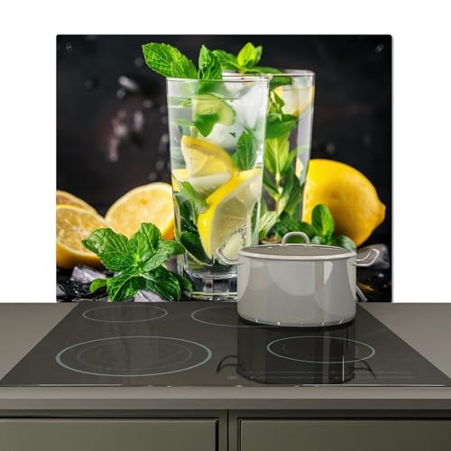 KitchenYeah© Spritzschutz Herd Küchenrückwand Vinyl 57x51 cm Küchen Zubehör Küchenwand, Herdabdeckplatten für Ceranfeld Wasser - Glas - Zitrone - Minze von KitchenYeah