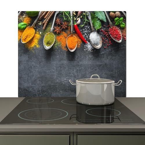 KitchenYeah© Spritzschutz Herd Küchenrückwand Vinyl 59x51 cm Küchen Zubehör Küchenwand, Herdabdeckung Induktionsmatte Beton - Gewürze - Löffel von KitchenYeah