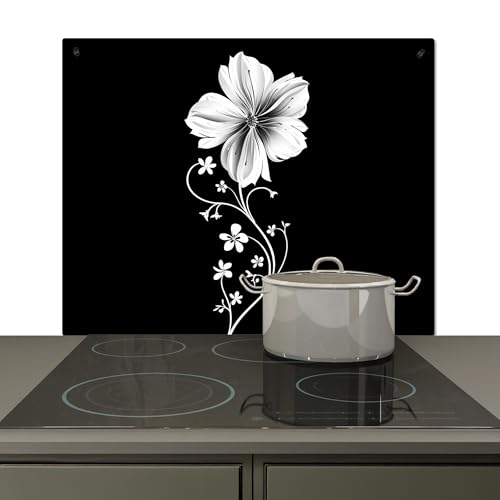 KitchenYeah© Spritzschutz Herd Küchenrückwand Vinyl 59x51 cm Küchendeko Wand Wandverkleidung, Herdabdeckplatten Blume - Schwarz - Weiß von KitchenYeah