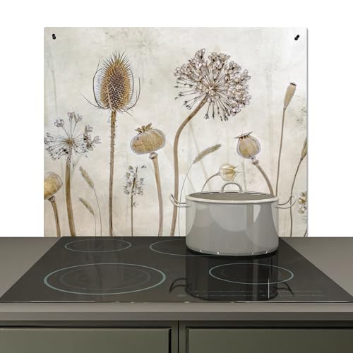 KitchenYeah© Spritzschutz Herd Küchenrückwand Vinyl 60x52 cm Küchen Zubehör Küchenwand, Herdabdeckplatten für Ceranfeld Blumen - Aquarell - Stillleben - Braun - Vintage von KitchenYeah