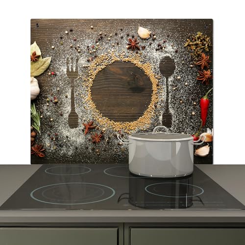 KitchenYeah© Spritzschutz Herd Küchenrückwand Vinyl 60x52 cm Küchen Zubehör Küchenwand, Herdabdeckplatten für Ceranfeld Holz - Kräuter - Besteck - Teller von KitchenYeah