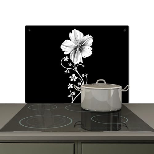 KitchenYeah© Spritzschutz Herd Küchenrückwand Vinyl 70x52 cm Küchendeko Wand Wandverkleidung, Herdabdeckplatten Blume - Schwarz - Weiß von KitchenYeah