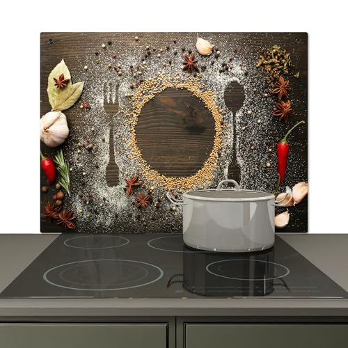 KitchenYeah© Spritzschutz Herd Küchenrückwand Vinyl 76x51 cm Küchen Zubehör Küchenwand, Herdabdeckplatten für Ceranfeld Holz - Kräuter - Besteck - Teller von KitchenYeah