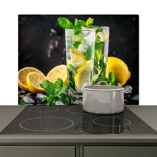 KitchenYeah© Spritzschutz Herd Küchenrückwand Vinyl 77x51 cm Küchen Zubehör Küchenwand, Herdabdeckplatten für Ceranfeld Wasser - Glas - Zitrone - Minze von KitchenYeah