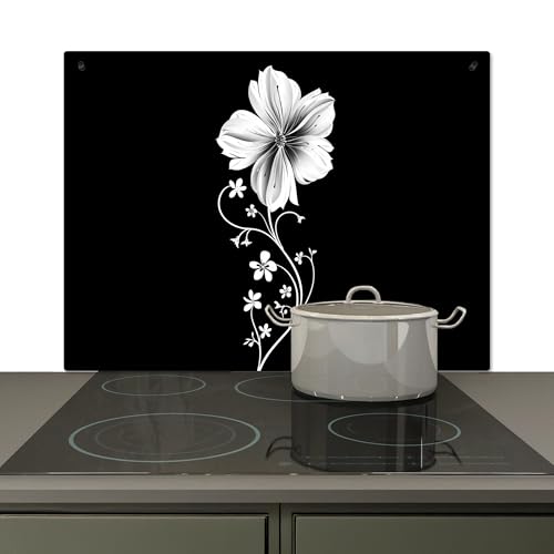 KitchenYeah© Spritzschutz Herd Küchenrückwand Vinyl 77x51 cm Küchendeko Wand Wandverkleidung, Herdabdeckplatten Blume - Schwarz - Weiß von KitchenYeah