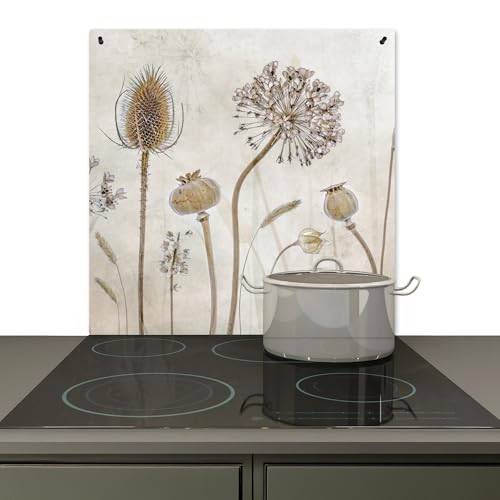 KitchenYeah© Spritzschutz Herd Küchenrückwand Vinyl 78x78 cm Küchen Zubehör Küchenwand, Herdabdeckplatten für Ceranfeld Blumen - Aquarell - Stillleben - Braun - Vintage von KitchenYeah