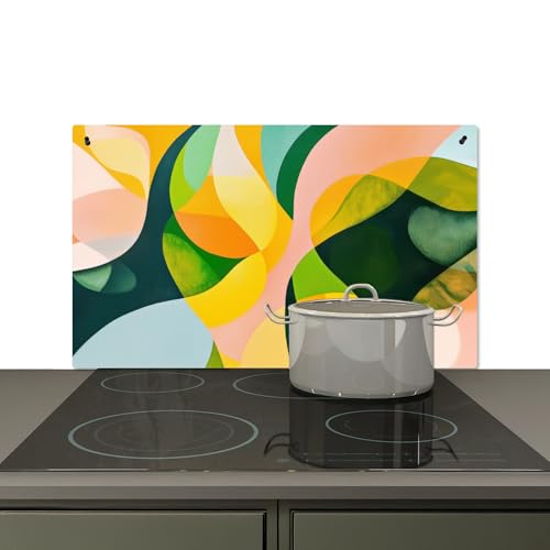 KitchenYeah© Spritzschutz Herd Küchenrückwand Vinyl 90x52 cm Kuchendeko Kitchen Wall Protector, Herdabdeckung Ceranfeld Abstrakt - Gelb - Rosa - Grün von KitchenYeah