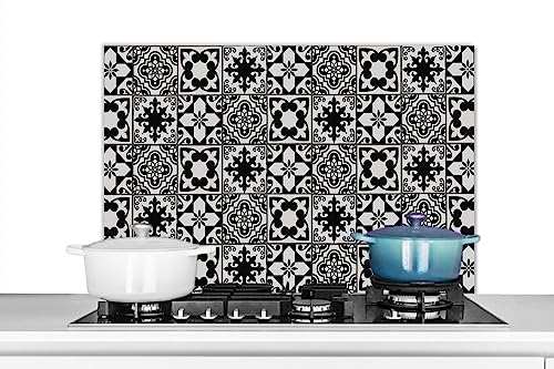 KitchenYeah© Spritzschutz Küchenrückwand Küche Deko Aluminium Platte Wandschutz Herd Spritzschutz WandverkleidungFliesen Retro - Blumen - Schwarz - Weiß - 80x55 cm von KitchenYeah