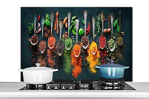 KitchenYeah© Spritzschutz Küchenrückwand Küche Deko Aluminium Platte Wandschutz Herd Spritzschutz WandverkleidungKräuter - Gewürze - Löffel - Pfeffer - 100x65 cm von KitchenYeah