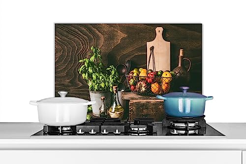 KitchenYeah© Spritzschutz Küchenrückwand Küche Deko Aluminium Platte Wandschutz Herd Spritzschutz WandverkleidungSchneidebrett - Gemüse - Kräuter - Rustikal - Basilikum - Pflanze - 70x50 cm von KitchenYeah