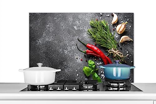 KitchenYeah© Spritzschutz Küchenrückwand Platte Küchen Zubehör Aluminium Platte Herd Spritzschutz WandverkleidungPfeffer - Kräuter - Gewürze - Beton - 90x60 cm von KitchenYeah