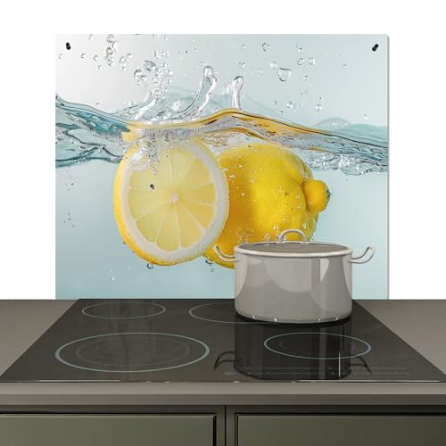 KitchenYeah© Spritzschutz Küchenrückwand Vinyl 59x52 cm Küche Wand Deko Küchenwand Rückwand, Ceranfeldabdeckung Spritzer - Wasser - Blau - Gelb von KitchenYeah