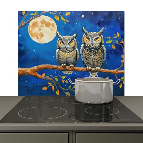 KitchenYeah© Spritzschutz Küchenrückwand Vinyl 60x52 cm Küche Wand Deko Küchenwand Rückwand, Ceranfeld Abdeckplatte Eulen - Gemaltes Aussehen - Natur - Nacht von KitchenYeah