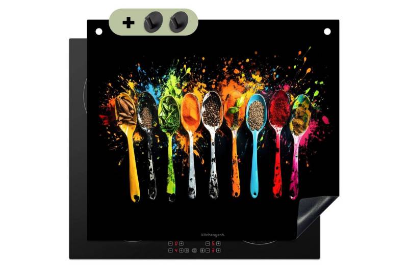 KitchenYeah Küchenrückwand Löffel - Gewürze - Modern - Farbe - Farbenfroh, (1-tlg), Cerankochfeld Abdeckung, Herd Abdeckplatten Vinyl, 58x51 cm von KitchenYeah