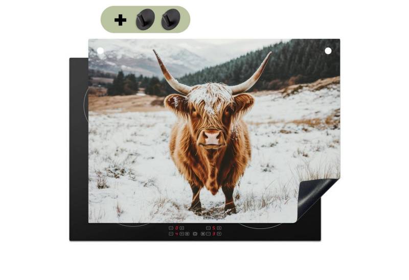 KitchenYeah Küchenrückwand Schottischer Highlander - Schnee - Winter - Tiere, (1-tlg), Induktionsabdeckung und Spritzschutz, Küchenzubehör, 70x55 cm von KitchenYeah