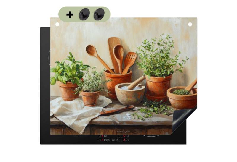 KitchenYeah Küchenrückwand Töpfe - Kräuter - Holz, (1-tlg), Abdeckung Induktionskochfeld Schutzmatte, Küche Deko, 65x52 cm von KitchenYeah