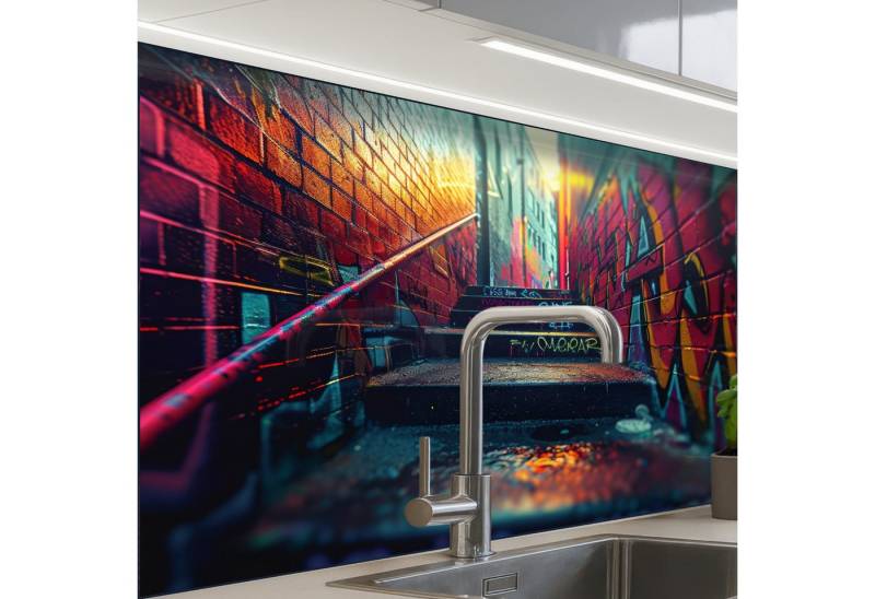 KitchenYeah Küchenrückwand selbstklebend Architektur - Neon - Treppe - Graffiti, (1-tlg), Spritzschutz, Küche, Rückwand, Küchenwand, Küchenfront, 80x60 cm von KitchenYeah