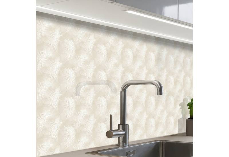 KitchenYeah Küchenrückwand selbstklebend Blätter - Beige - Weiß - Botanisch - Natur, (1-tlg), Spritzschutz, Küche, Rückwand, Küchenwand, Küchenfront, 80x60 cm von KitchenYeah