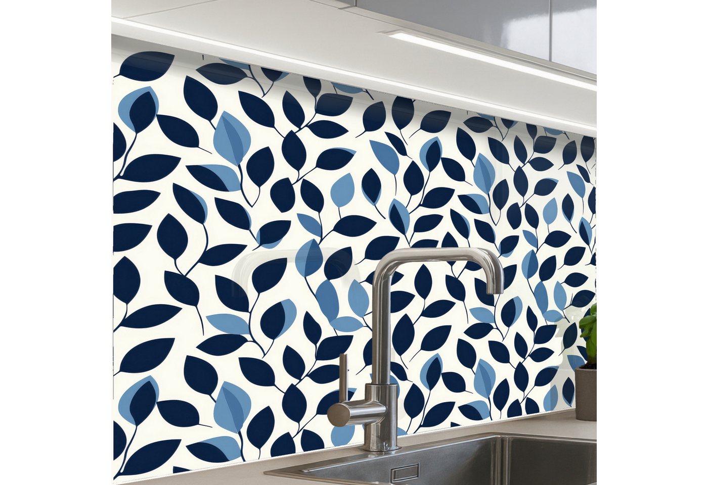 KitchenYeah Küchenrückwand selbstklebend Grafik - Blättermuster - Tiefblau, (1-tlg), Spritzschutz, Küche, Rückwand, Küchenwand, Küchenfront, 80x60 cm von KitchenYeah