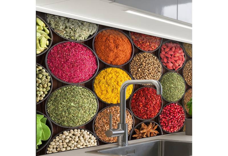 KitchenYeah Küchenrückwand selbstklebend Kräuter - Schalen - Farbenfroh - Textur, (1-tlg), Spritzschutz, Küche, Rückwand, Küchenwand, Küchenfront, 80x60 cm von KitchenYeah