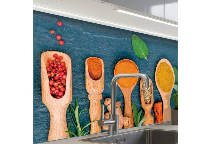 KitchenYeah Küchenrückwand selbstklebend Löffel - Holz - Kräuter - Gewürze, (1-tlg), Spritzschutz, Küche, Rückwand, Küchenwand, Küchenfront, 80x60 cm von KitchenYeah