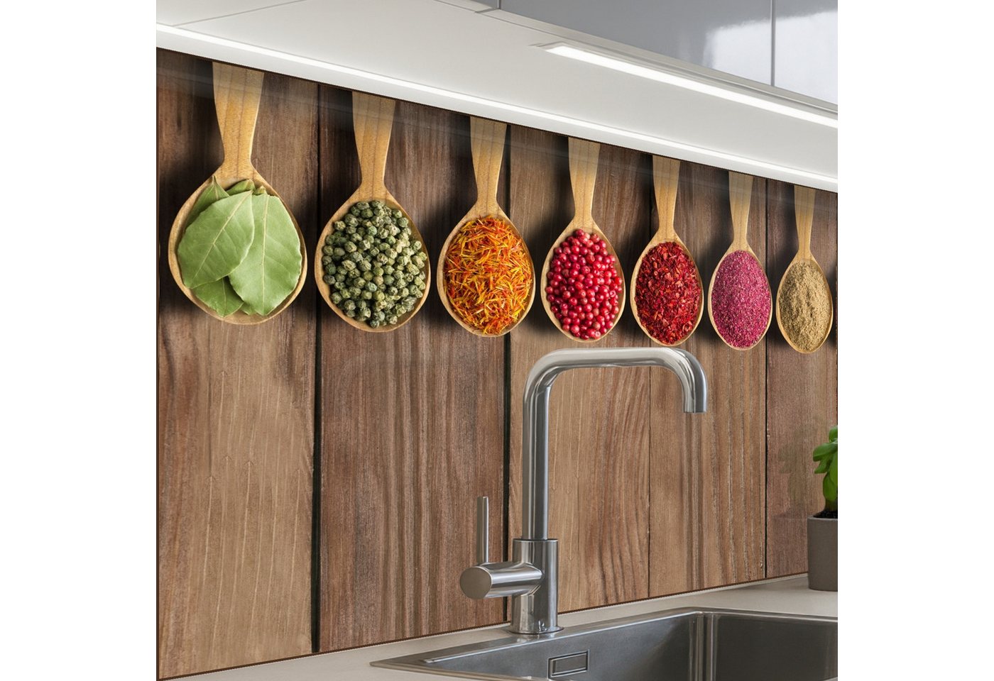 KitchenYeah Küchenrückwand selbstklebend Löffel - Kräuter - Holz, (1-tlg), Spritzschutz, Küche, Rückwand, Küchenwand, Küchenfront, 80x60 cm von KitchenYeah