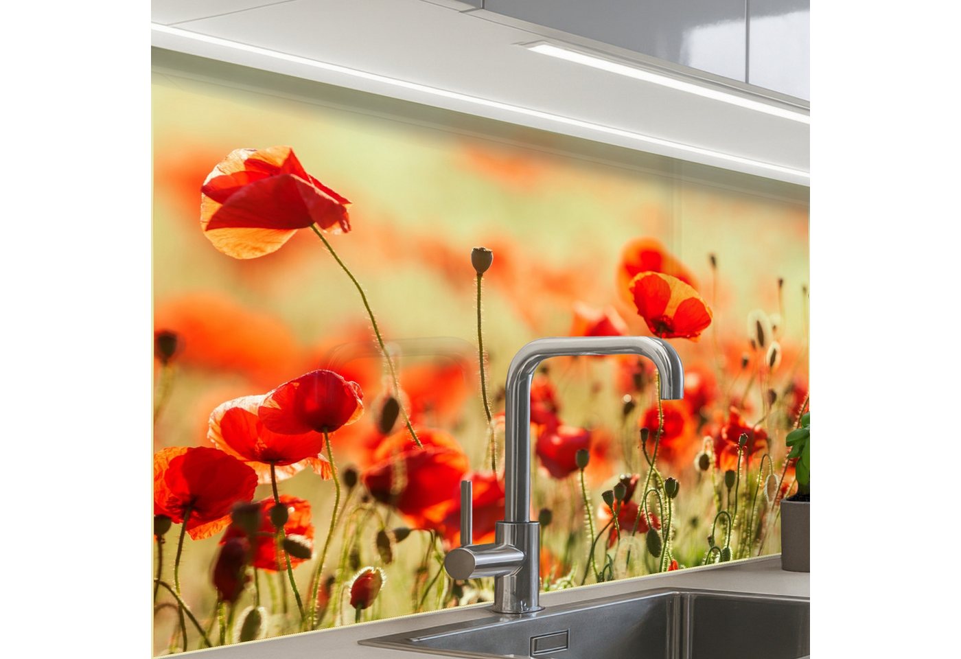 KitchenYeah Küchenrückwand selbstklebend Mohnblumen - Blumen - Rot - Blumenfeld, (1-tlg), Spritzschutz, Küche, Rückwand, Küchenwand, Küchenfront, 80x60 cm von KitchenYeah