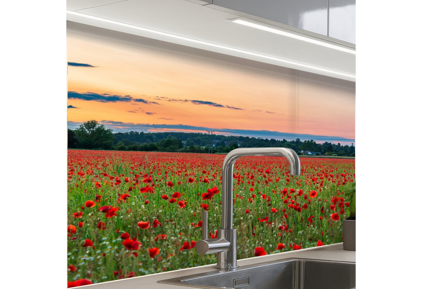 KitchenYeah Küchenrückwand selbstklebend Mohnblumen - Landschaft - Rot - Blumen, (1-tlg), Spritzschutz, Küche, Rückwand, Küchenwand, Küchenfront, 80x60 cm von KitchenYeah