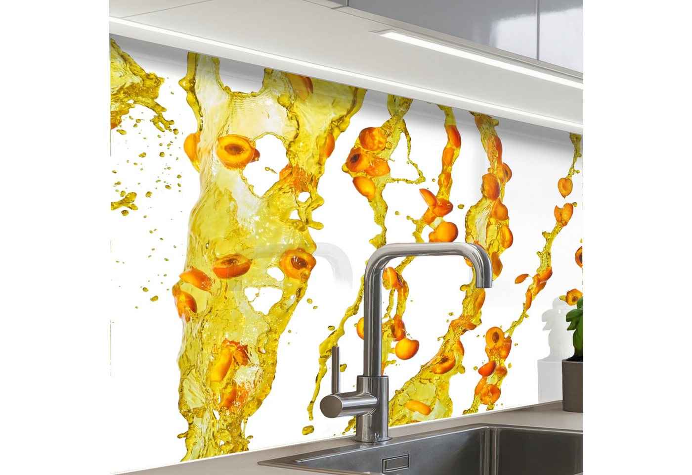KitchenYeah Küchenrückwand selbstklebend Orange - Gelb - Spritzer - Obst, (1-tlg), Spritzschutz, Küche, Rückwand, Küchenwand, Küchenfront, 80x60 cm von KitchenYeah
