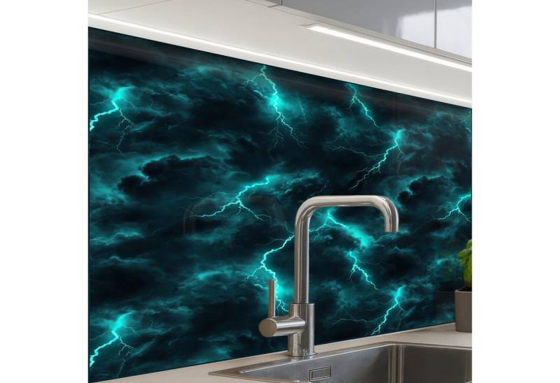 KitchenYeah Küchenrückwand selbstklebend Türkis - Blitze - Wolken, (1-tlg), Spritzschutz, Küche, Rückwand, Küchenwand, Küchenfront, 80x60 cm von KitchenYeah