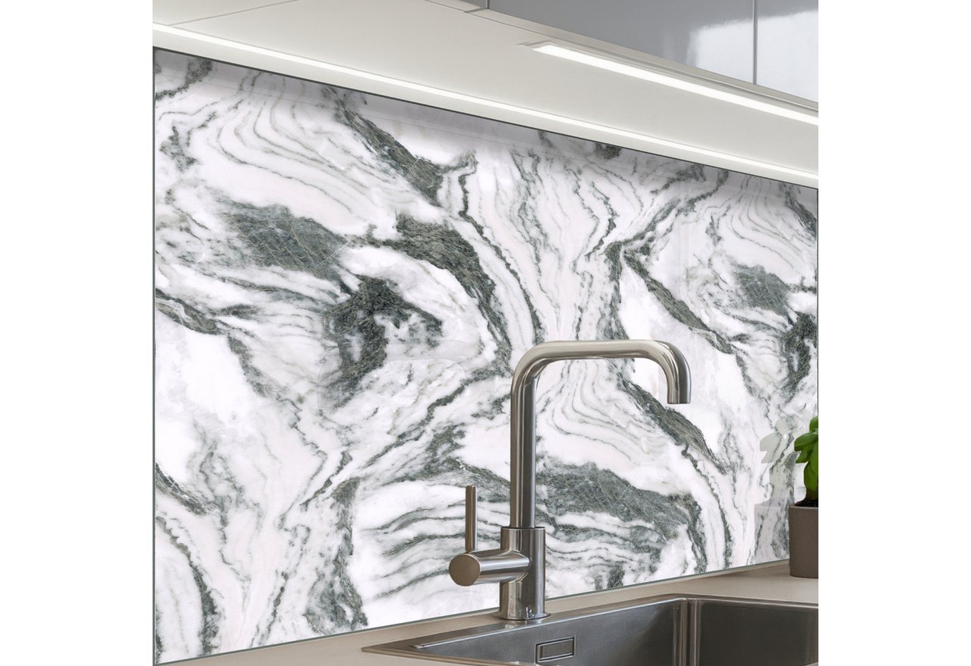 KitchenYeah Küchenrückwand selbstklebend Weiß - Marmor - Gewellt - Graphit, (1-tlg), Spritzschutz, Küche, Rückwand, Küchenwand, Küchenfront, 80x60 cm von KitchenYeah