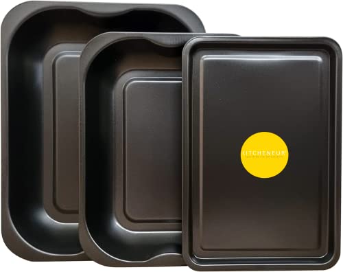 3er-Pack schwarzes Brat- und Backblech-Set – großer Bräter (38 cm); mittlerer Bräter (33 cm) und kleines Blech (32 cm) – Backblech-Set, antihaftbeschichtet, Multipack-Set von Kitcheneur