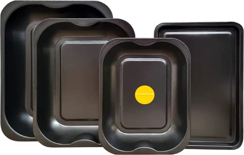4-Pack schwarzes Bräter und Backblech-Set – großer Bräter (38 cm), mittlerer Bräter (33 cm), kleiner Bräter (28 cm) und kleines Blech (32 cm) von Kitcheneur