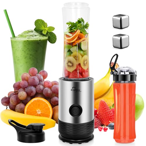Smoothie Maker mit 2x 600 ml Tritan-Flasche, 260W Leistung, Auslaufsicherer Deckel, Rutschfeste Füße, 2x Eiswürfel, Blender, Standmixer, Mixer Smoothie Maker, Silber von Kitchenproplus