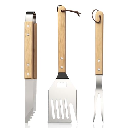 5-in-1 BBQ Werkzeug – Grillzubehör Set mit Spachtel, Messer, Gabel, Fleischklopfer & Flaschenöffner – Edelstahl & hitzebehandeltes Eschenholz – Grillbesteck für Profis von Kitchvalor