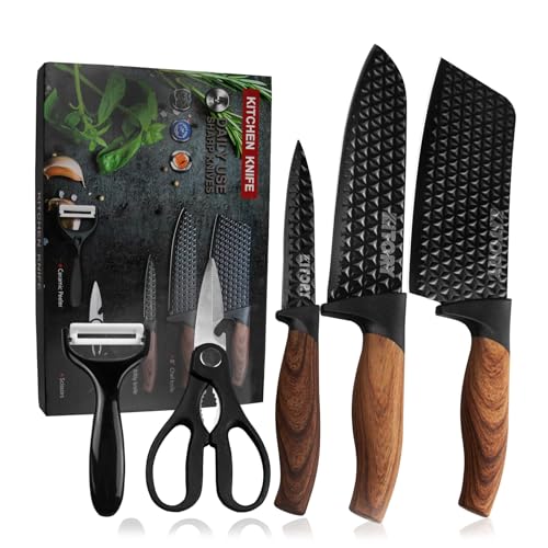 Kitory Messerset 5-teilig, Küchenmesserset mit Schwarz antihaftbeschichtet, einschließlich Hackmesser 18cm, Kochmesser 20cm, Allzweckmesser 13cm, Sparschäler und Küchenschere Kitory Messerset 5-teilig, Küchenmesserset mit Schwarz antihaftbeschichtet, einschließlich Hackmesser 18cm, Kochmesser 20cm, Allzweckmesser 13cm, Sparschäler und Küchenschere von Kitory