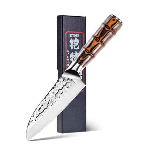 Kitory Santokumesser kleines 14 cm Kochmesser Sushi Messer Profi Messer mit Gehämmerte scharfe Klinge und Bambusgriff, hochwertigem Carbon Edelstahl mit Geschenkbox von Kitory