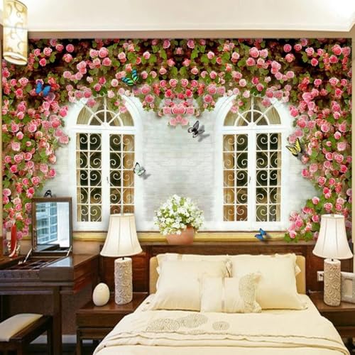 Fototapete 3D Effekt Fenster Und Rosen Tapete，Wandbild，Fototapeten，3D-Hintergrund，Wohnzimmer，Wanddekoration Für Schlafzimmer 150x105cm von Kitquiver