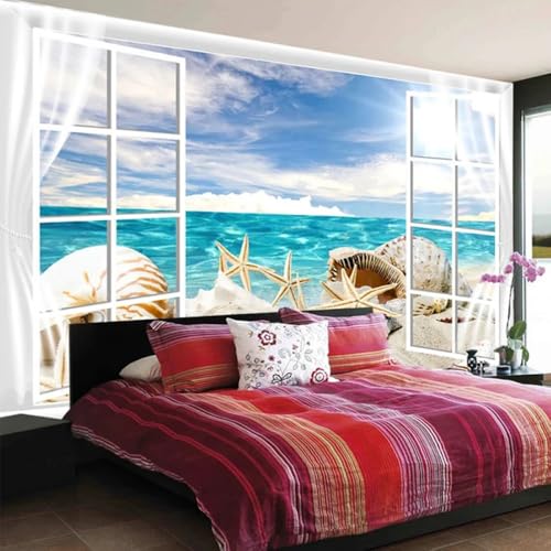 Fototapete Schlafzimmer 3D Strandmuscheln Und Seesterne Vor Dem Fenster Tapete，Wandbild，Fototapeten，3D-Hintergrund，Wohnzimmer，Wanddekoration Für Schlafzimmer 200x140cm von Kitquiver