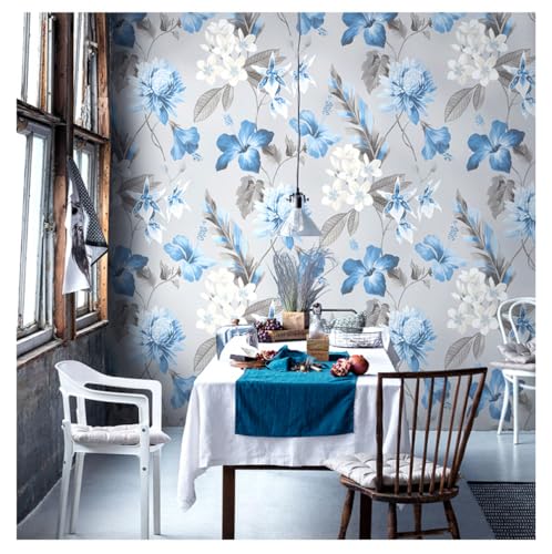 Kitquiver Blau Vliestapete Blumen Auf Dem Landvliestapete 3D，Minimalistischer Hintergrund Für Wohnzimmer，Schlafzimmer，Küche 0.53x10m von Kitquiver