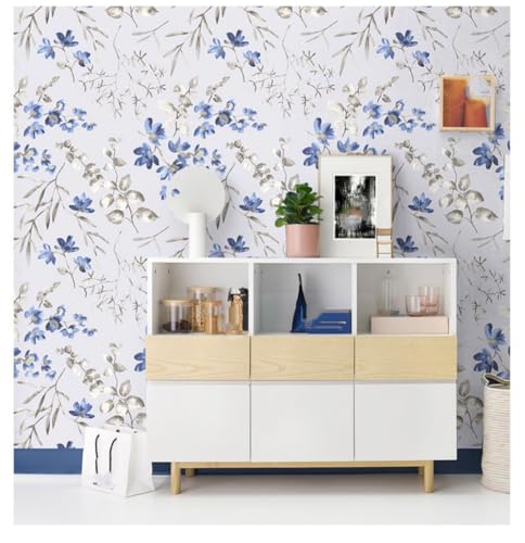 Kitquiver Blau Wall Paper Blumen Auf Dem Landvliestapete Für Wohnzimmer，Schlafzimmer，Küche，Hintergrund，Hoteltapete 0.53x10m von Kitquiver